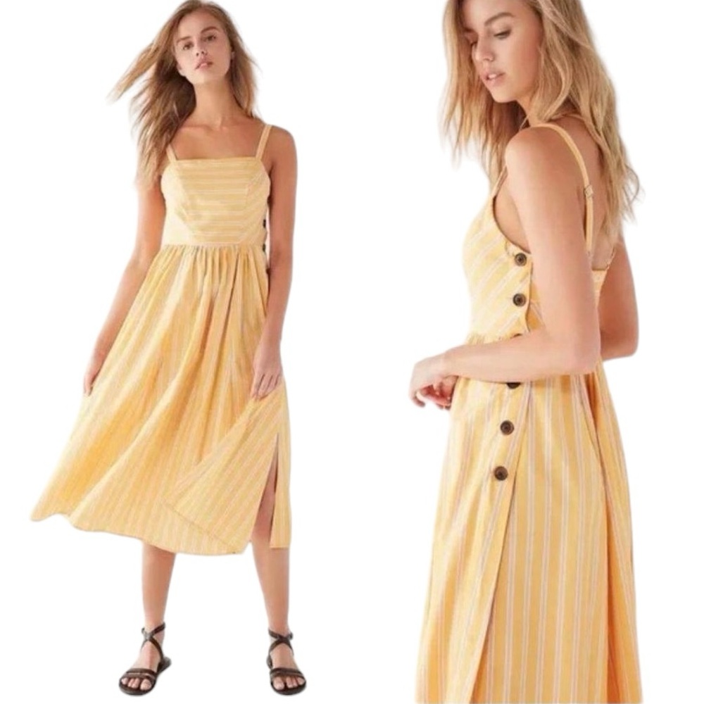 Urban Outfitters “Kaye”  Yellow Stripe Square Neck Button Side Midi Sundress